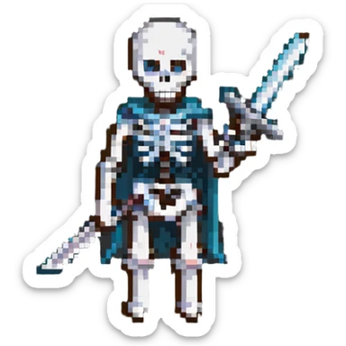 pixel art skeleton wielding a sword, facing forward sticker