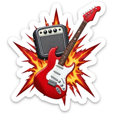 Create a fierce and edgy emoji representing hardcore rock vocal performance in a humanless collage. The design should feature a vintage microphone at the center, Add crossed drumsticks behind the microphone to symbolize the rhythm and power of the drums. surrounded by a menacing, distorted electric guitar with sharp, aggressive angles. Include subtle elements like lightning bolts, flames, or jagged sound waves to evoke the raw energy and intensity of hardcore rock. Use dark, intense colors like black, red, and silver, with a metallic, gritty finish to convey the rebellious, aggressive spirit of the genre. The background should be transparent. sticker