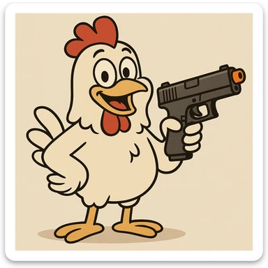 cartoon chicken holding a water gun shaped like a Glock, orange tip, cheerful and safe sticker