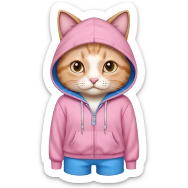 Cat wearing a cute pink hoodie with blue shorts  sticker