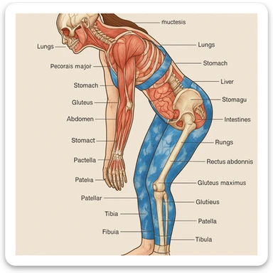 Anatomical version of the girl, identical posture to the photo, showing muscles, bones, and main organs, maintaining the silhouette and original details. Medical illustrative style. sticker