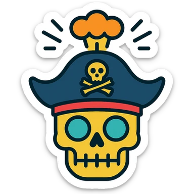 skull with mind blown effect, wearing a pirate hat, bold colorful style sticker