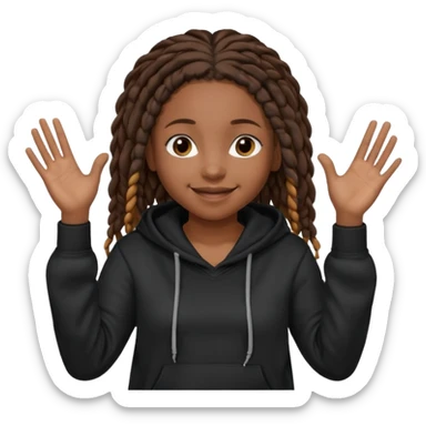 African American girl dark skin complextion a l with short brown dreadlock braids wearing plain black hoodie with hands raised sticker