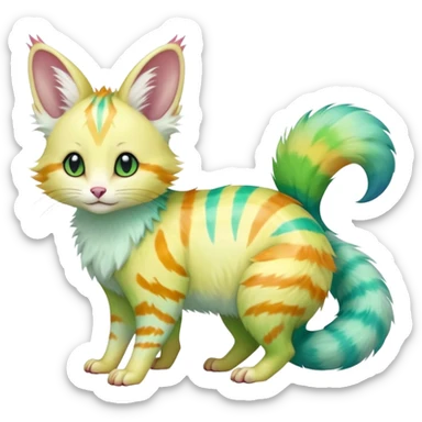  cute adorable yellow-green-turquoise-gradients albino fur with random colorful iridescent rainbow markings beautiful elegant pretty precious cute  Fakémon-Pokémon-opossum-feline-serval-caracal-chinchilla-Minccino-hybrid-creature with a big fluffy bushy striped tail (full body) sticker
