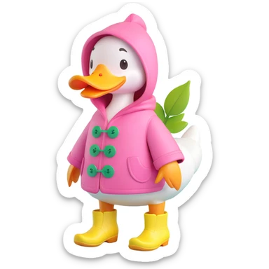 A duck wearing a pink hooded coat with green buttons and a green leaf on the chest, and yellow boots. The background is plain and light pink with pink hearts. sticker