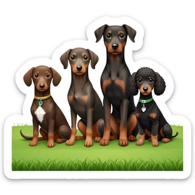 Close-up of a Doberman Pinscher, a Dachshund and a Poodle sitting together on lush green grass. The background features a beautiful, serene nature view with rolling hills and bright blue skies. The dogs' sleek coats shine under the sun. Transparent background. sticker