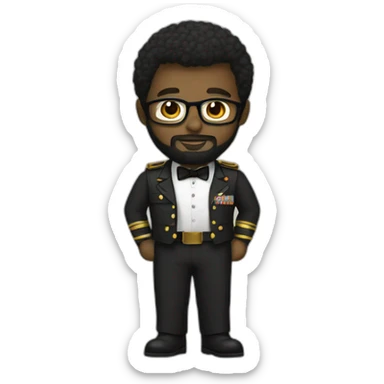 black soldier with beard, part in hair, white collared shirt, bow tie, gold glasses, bulletproof vest  sticker