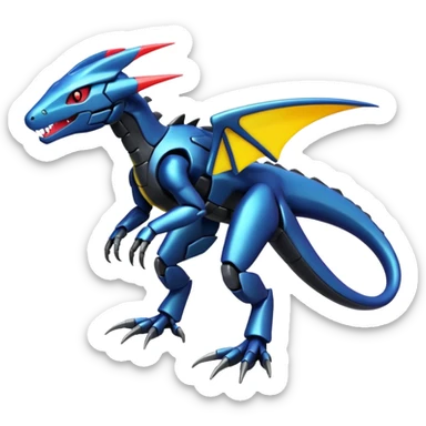 Shiny futuristic colorful Heliolisk-Salandit-Cyclizar-Genesect-Pokémon, full body sticker