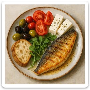 realistic illustration of a colorful Mediterranean meal plate with olives, tomatoes, feta cheese, grilled fish, bread, and fresh greens sticker