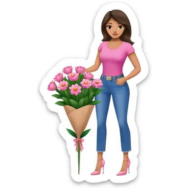 Make her building a flower bouquet in a pink top and jeans and heels sticker