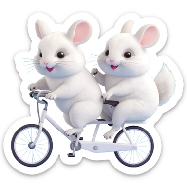 two white fluffy chinchillas riding a tandem bicycle, soft fur, joyful expressions sticker