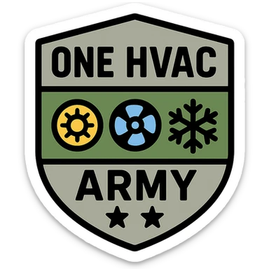military-inspired badge logo for One HVAC Army with HVAC elements, strong sans-serif text, green and gray palette sticker