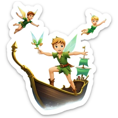 An icon representing an adventure game, inspired by whimsical fantasy. The design features Peter Pan soaring through the sky with Tinker Bell beside him, leaving a shimmering trail of pixie dust. Below, Neverland’s lush jungles and pirate ships create a backdrop of magic, adventure, and endless youth. Transparent background. sticker