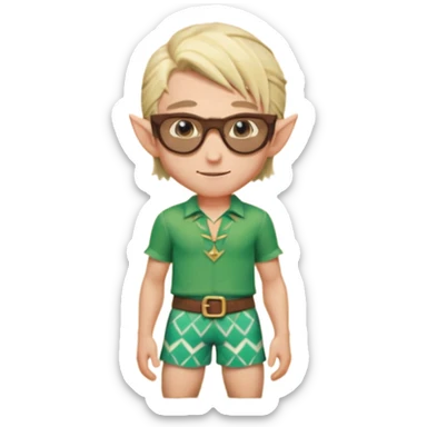 elf male legolas portrait, patterned board shorts (geometric/abstract), unique wooden-framed sunglasses, undercut hairstyle, slight smirk, visible pointy ears, no background, centered emoji, hipster summer vibe sticker
