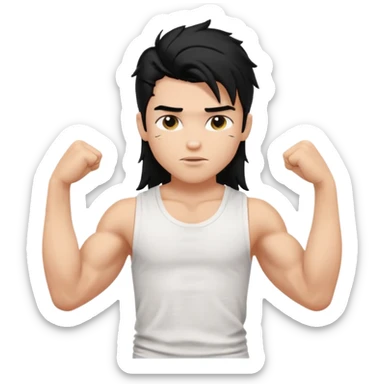 generate a pretty bratz boy with messy long mullet hair, sleeveless white tshirt, big biceps. Black hair sticker