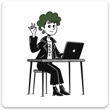 Alternative rocker girl with green and black hair, nose ring, neck tattoo, wearing combat boots and studded leather jacket, confidently raising hand while sitting at desk with laptop in music class sticker