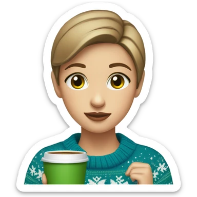 Light brown short haired girl with green eyes drinking coffee wearing blue Christmas sweater sticker