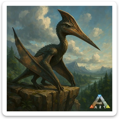 quetzalcoatlus dinosaur in the style of the Ark: Survival Evolved game, perched on a cliff, looking majestic, game-inspired details sticker