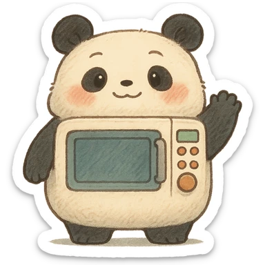 chibi-style microwave oven as a fluffy panda, rosy cheeks, big wave, pastel tones, full-body sticker