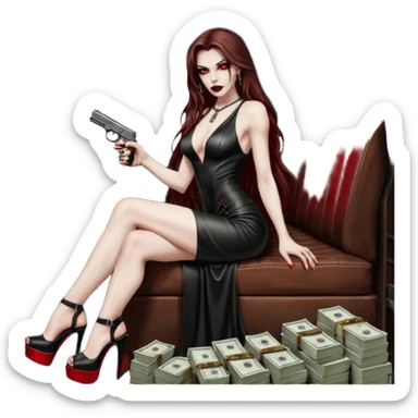 Lilith red eye seductress evil long brown haired sexy succubus woman with leather long dress with slit on, sitting in Big Large F350 pickup truck. Wearing super tall black platform high heels, Back seat full of stacks of cash, she is  Holding a human skull of her enemies and a gun in other hand sticker