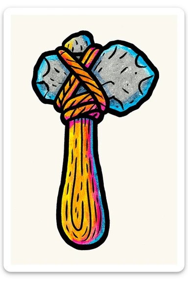 conpep-style cartoon illustration of a Stone Age hand axe, centered on a clean white background. The axe has a sturdy wooden handle with visible texture, tightly wrapped with thick rope binding a roughly shaped gray stone blade securely at the top. The stone is gray with natural irregularities, and the wood is light brown with grain details. Soft shadows and glossy highlights create a polished, three-dimensional emoji-like appearance. The overall style is clean, primitive, and sturdy. sticker