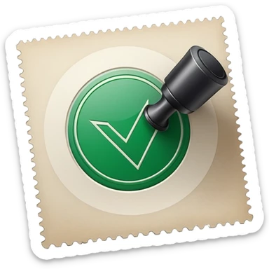 A stamp pressing down on a paper sheet, leaving a green circular mark with a check symbol inside, representing approval or verification. sticker