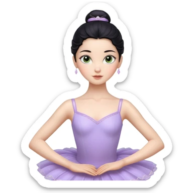 Cinematic Realistic ballerina Light Purple Portrait, depicted with lifelike skin texture, subtle rosy undertones, and soft natural lighting that enhances the gentle contours of her face. Her intricately detailed sweet black hair is elegantly styled, green eyes sticker