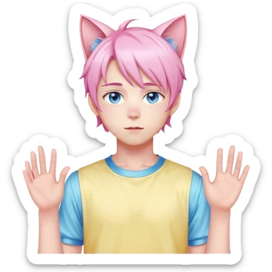 Pastel effeminate young femboy man with pastel pink shiny hair, pink cat ears, pastel yellow blouse, blue eyes, cute, gorgeous, anime, catboy, full body sticker