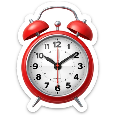 “Classic alarm clock emoji ⏰ in clean 3D style, smooth rounded clock body, bright red color, shiny metallic bells, ultra-glossy plastic texture, reflective surface, clear clock face with simple hands, soft studio lighting, subtle highlights, cute emoji proportions, ultra-polished 3D look,  sticker