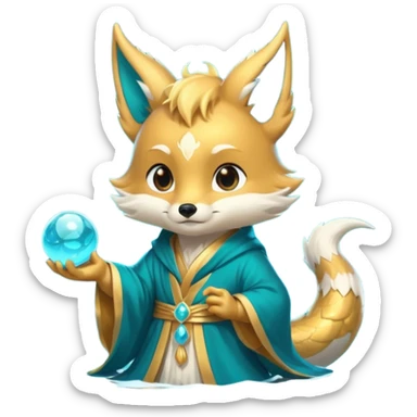 Chibi teal fox with small antler horns, confident magical expression, gold mark on forehead, teal-gold robe, holding glowing blue water orbs, with dragon tail sticker