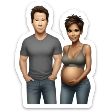 Halle berry standing next to mark Wahlberg both are pregnant even mark who is pregnant as well sticker