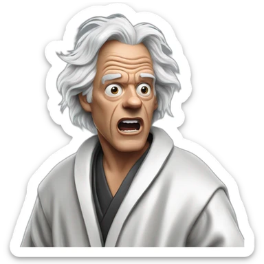Doc brown from back to the future looking shocked and his mouth wide open. No eye-ware. Wearing a silver bathrobe with black trim. sticker