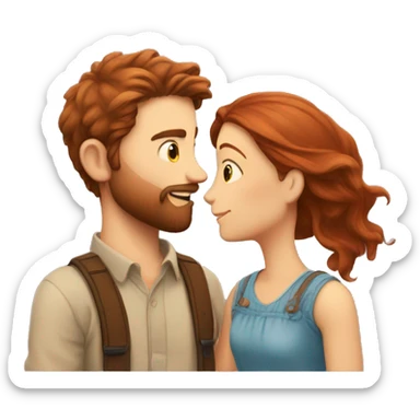 A red-haired boy with a beard kisses a brown-haired girl with great love sticker