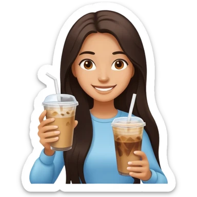 Smiling girl with long dark hair holding iced coffee in both hands sticker