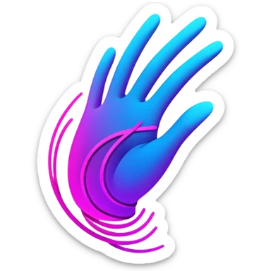 A futuristic abstract logo with curved dynamic lines resembling a subtle hand motion, glowing neon gradients, minimal and modern sticker