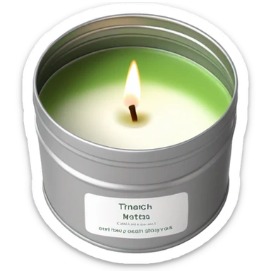 realistic, lit matcha scented candle, silver tin, small white label, text sticker