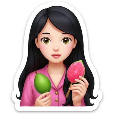 A girl with long black hair holding a piece of guava hard candy sticker