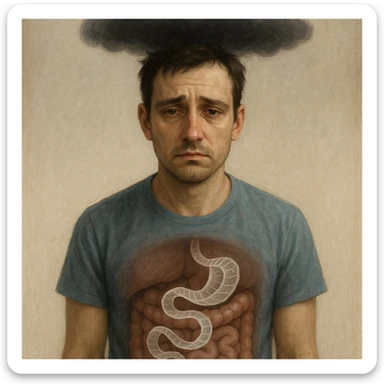 close-up of man with sad eyes, transparent tapeworm in intestine and dark cloud above head, symbol of depression, neutral background, 4K quality sticker