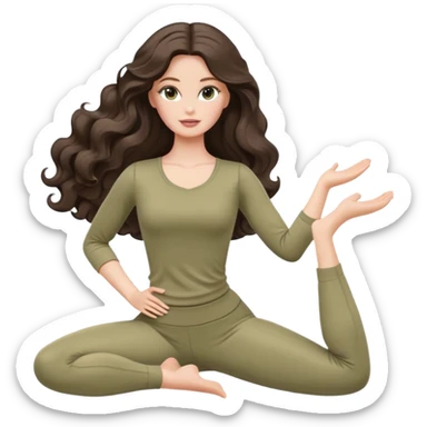 A white Barbie girl with long dark brown wave hair in a pale olive clothes doing stretching  sticker