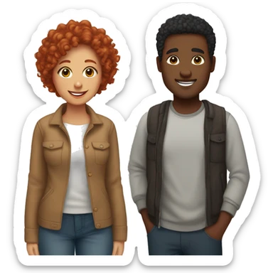 Create an emoji of a couple: a woman with curly red hair and a man with short straight black hair and dark brown skin. Both should be smiling warmly and standing close together, showing affection sticker