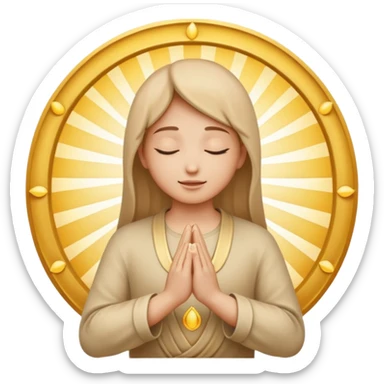peaceful emoji with hands in prayer, surrounded by golden rays, faint spiritual symbol like lotus or dove, evoking morning gratitude and connection with the divine sticker