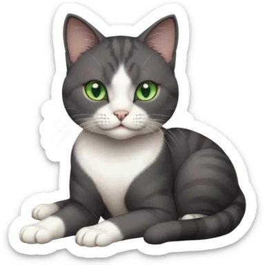 beautiful female solid dark grey cat with green eyes, white toes/paws and white patch on her chest rolling over sticker
