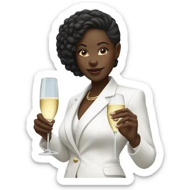 Black girl in a white pantsuit, holding glass of champagne sticker