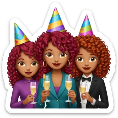generate a pretty bratz brown skinned girl curly dark red hair at a party with friends sticker