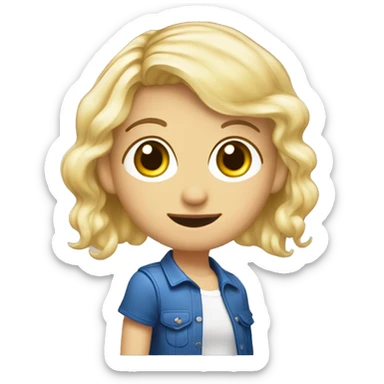 Cheveux : Blonds, courts en carré.
Yeux : Bleus.
Accessoires : A un serre-tête coloré.
Style : T-shirt à motifs et sac à dos avec des pins. sticker