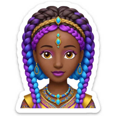 Create me an emoji of a beautiful Ethiopian Queen of Sheba with amazing braids wearing a neon purple and blue gradient African patterns. sticker