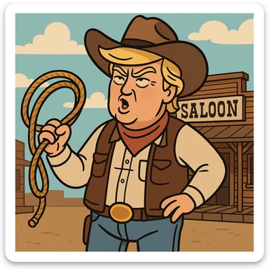 Donald Trump in cowboy attire, holding a lasso, standing in front of a saloon, cartoon style, expressive face sticker