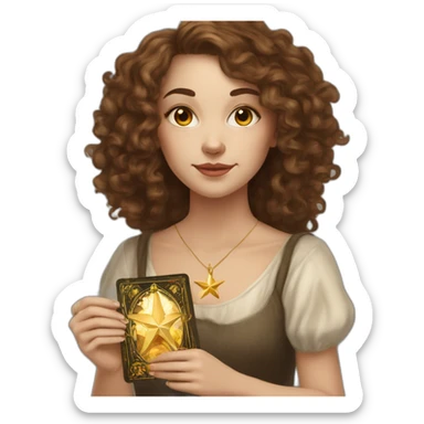 white young woman with long brown curls and a tarot card that has a golden star sticker