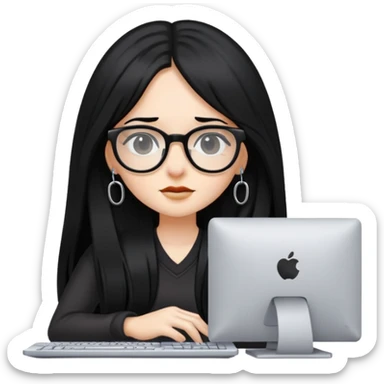 Girl with long black hair, glasses, nostril piercing, and a computer sticker