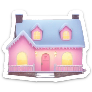 Pastel pink house with snow and Christmas lights and Christmas trees￼ sticker